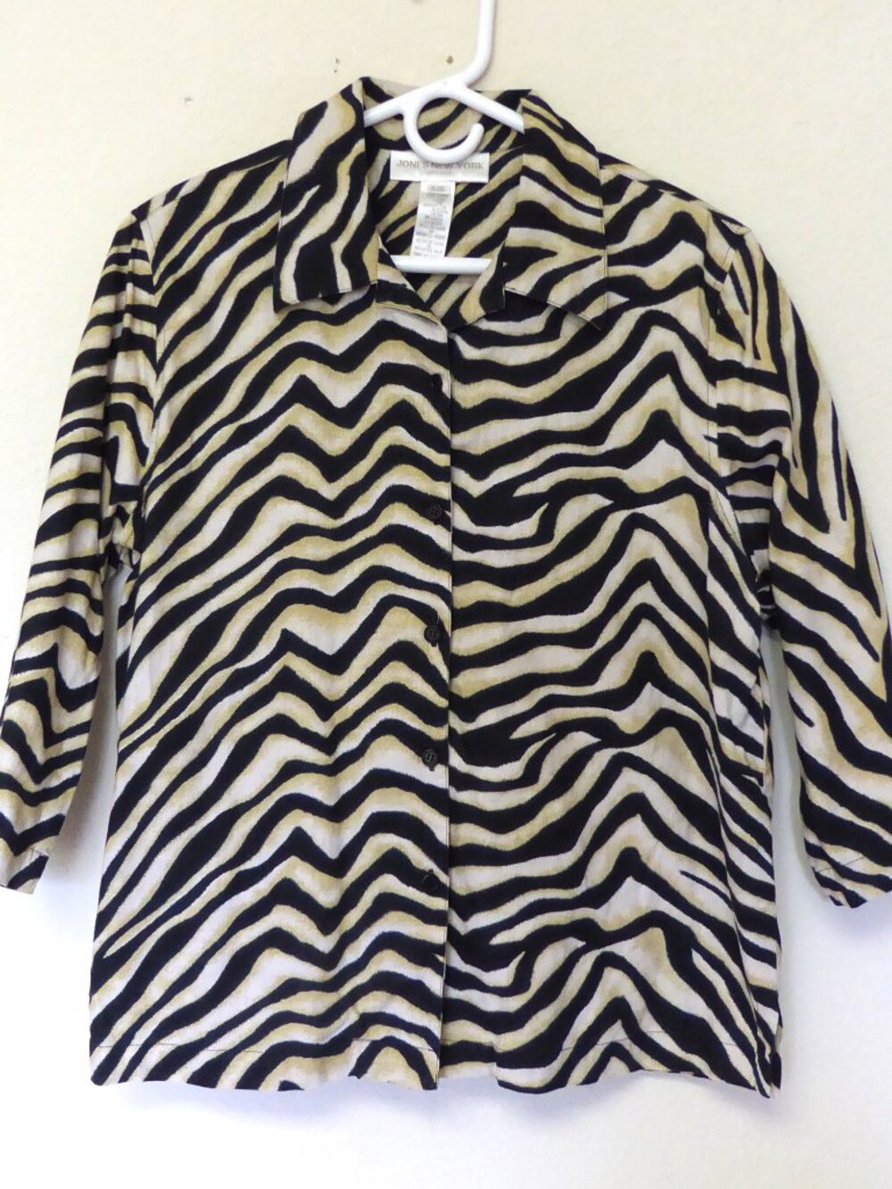 Jones New York sport black tan cream zebra print linen shirt top size large